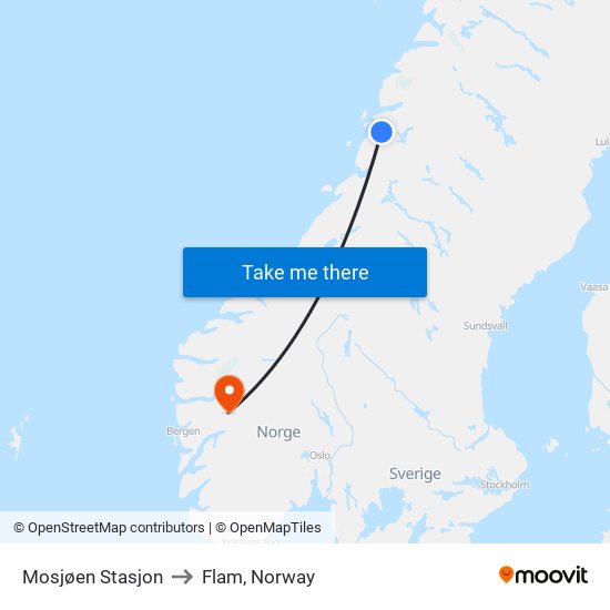 Mosjøen Stasjon to Flam, Norway map