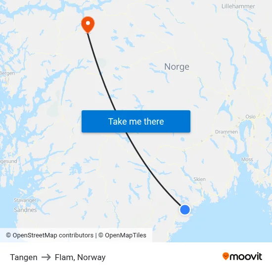 Tangen to Flam, Norway map