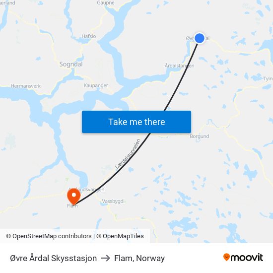 Øvre Årdal Skysstasjon to Flam, Norway map