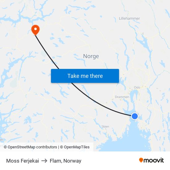 Moss Ferjekai to Flam, Norway map