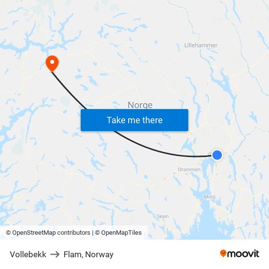 Vollebekk to Flam, Norway map