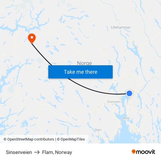 Sinsenveien to Flam, Norway map