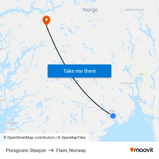 Porsgrunn Stasjon to Flam, Norway map
