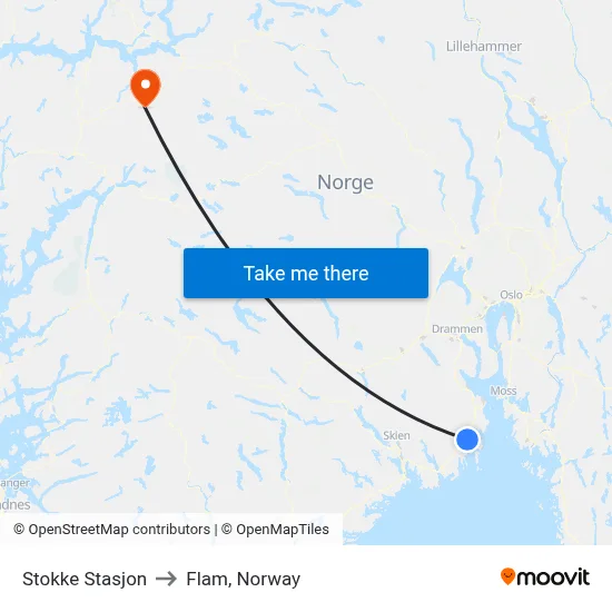 Stokke Stasjon to Flam, Norway map