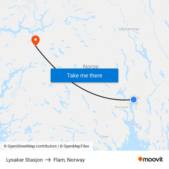 Lysaker Stasjon to Flam, Norway map