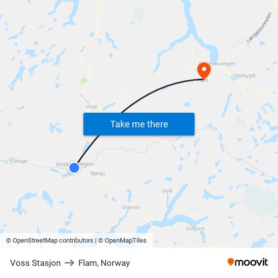 Voss Stasjon to Flam, Norway map