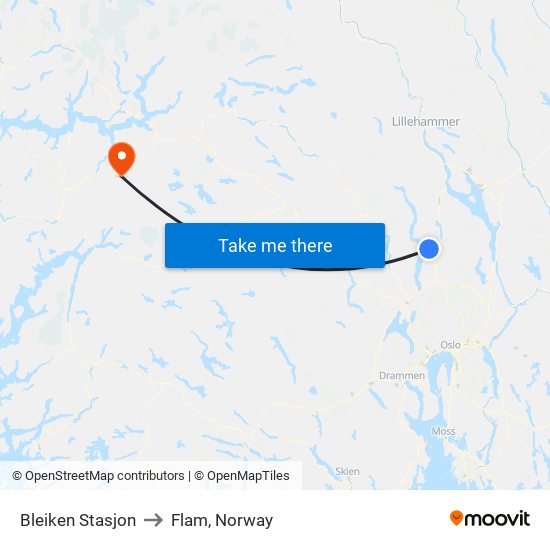 Bleiken Stasjon to Flam, Norway map