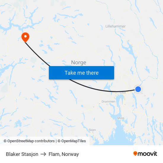 Blaker Stasjon to Flam, Norway map