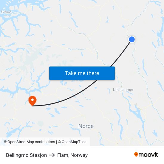 Bellingmo Stasjon to Flam, Norway map