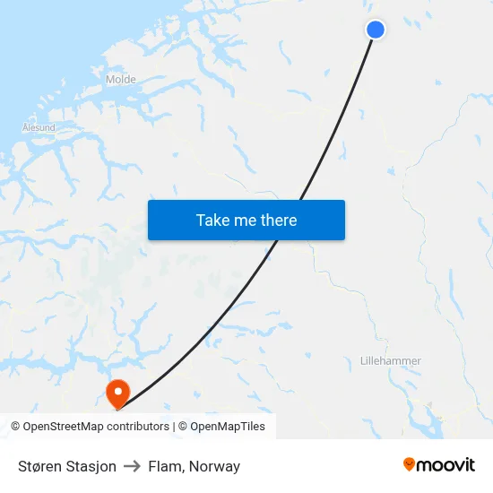 Støren Stasjon to Flam, Norway map