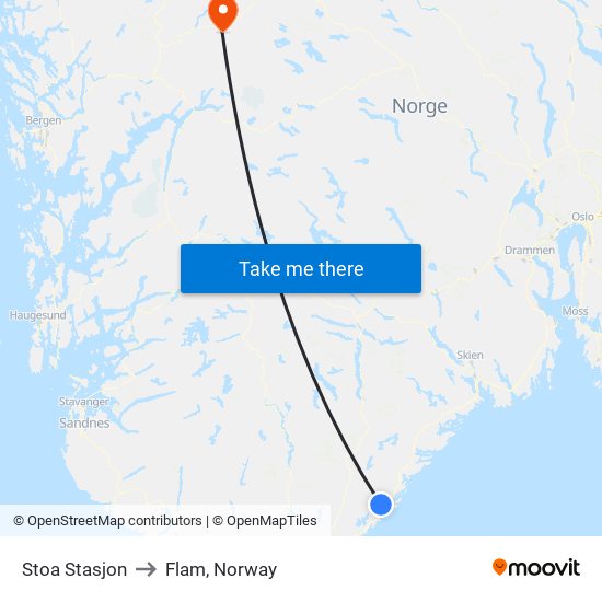 Stoa Stasjon to Flam, Norway map