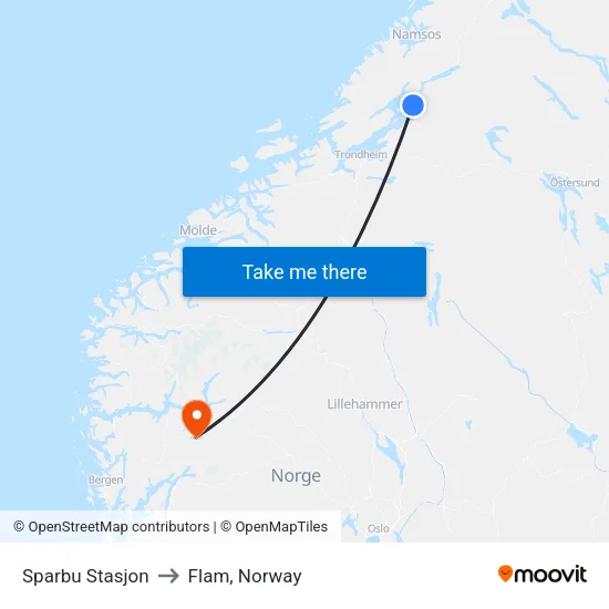 Sparbu Stasjon to Flam, Norway map