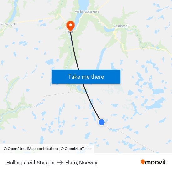 Hallingskeid Stasjon to Flam, Norway map