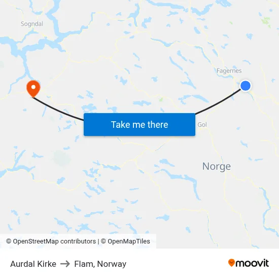 Aurdal Kirke to Flam, Norway map