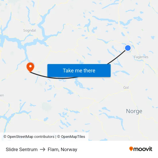 Slidre Sentrum to Flam, Norway map