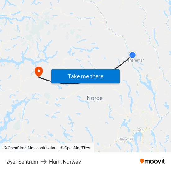 Øyer Sentrum to Flam, Norway map