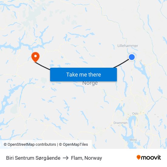 Biri Sentrum Sørgående to Flam, Norway map