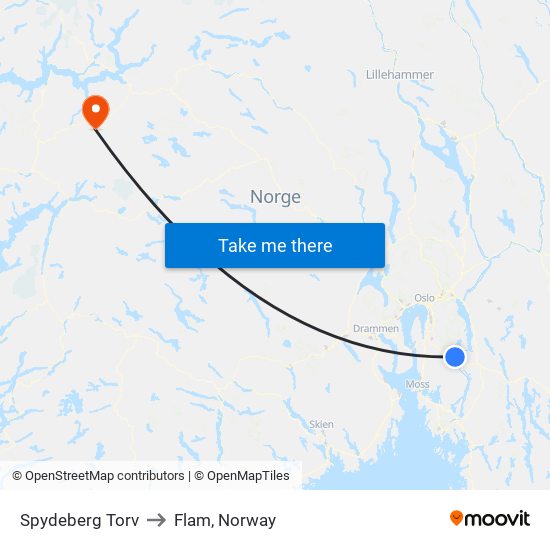 Spydeberg Torv to Flam, Norway map