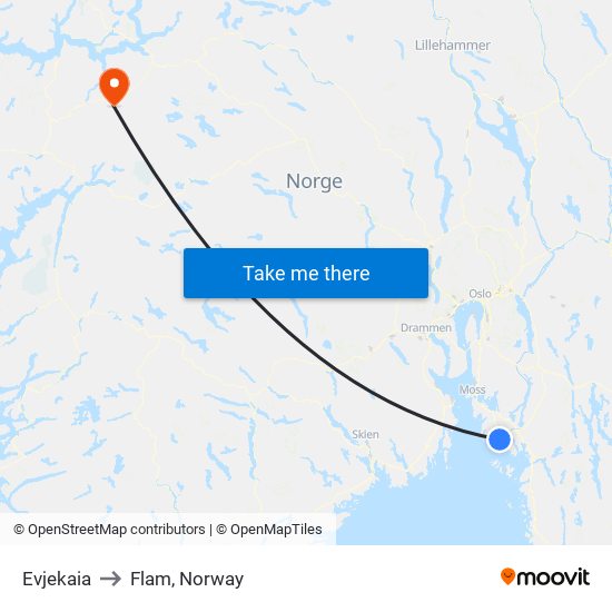 Evjekaia to Flam, Norway map