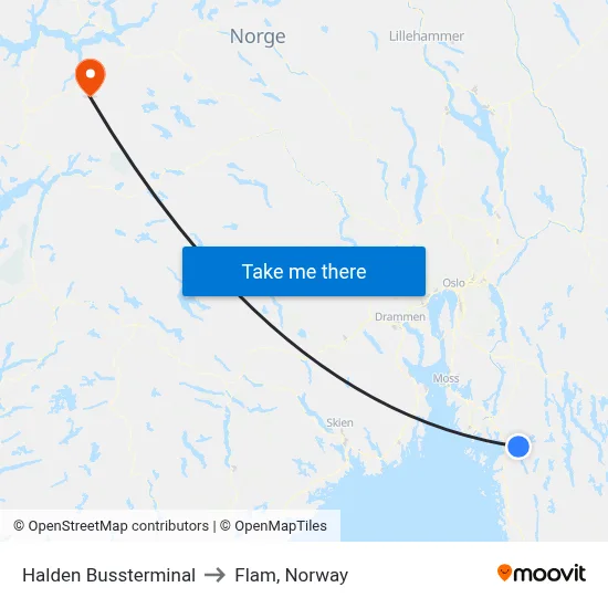Halden Bussterminal to Flam, Norway map