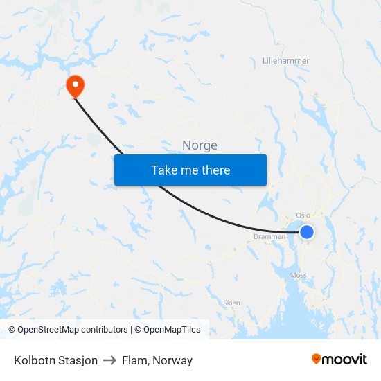 Kolbotn Stasjon to Flam, Norway map