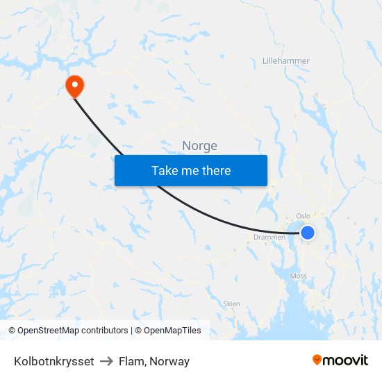 Kolbotnkrysset to Flam, Norway map