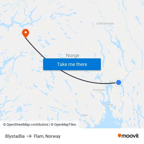 Blystadlia to Flam, Norway map