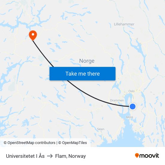 Universitetet I Ås to Flam, Norway map