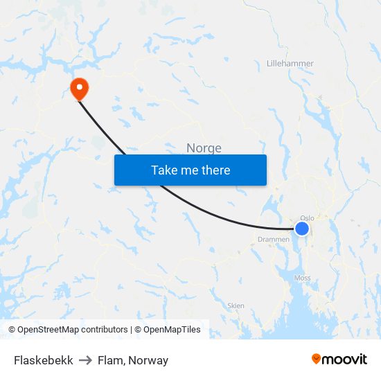 Flaskebekk to Flam, Norway map