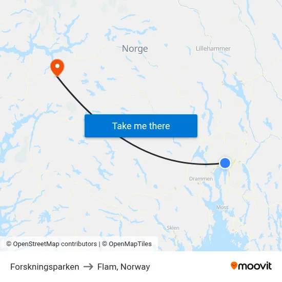Forskningsparken to Flam, Norway map