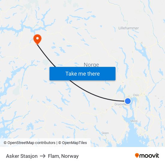 Asker Stasjon to Flam, Norway map