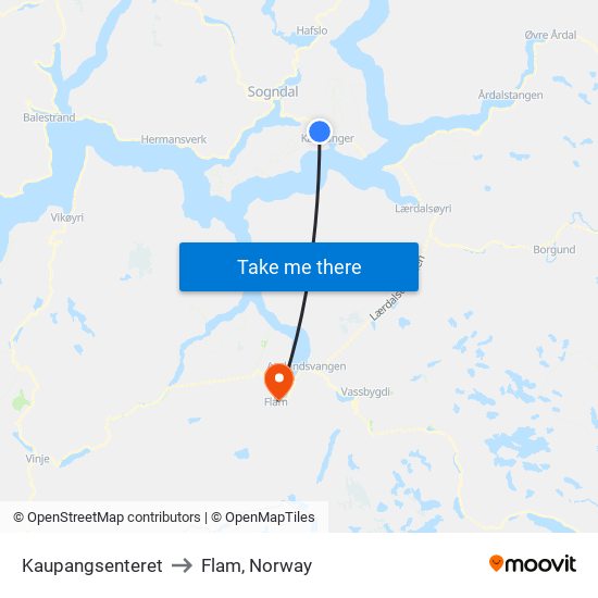 Kaupangsenteret to Flam, Norway map