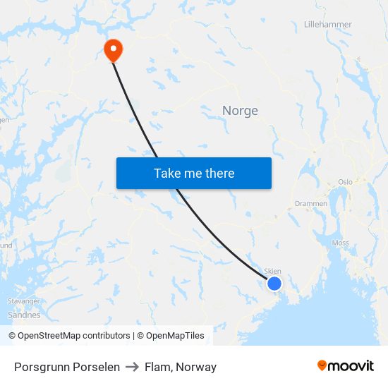 Porsgrunn Porselen to Flam, Norway map