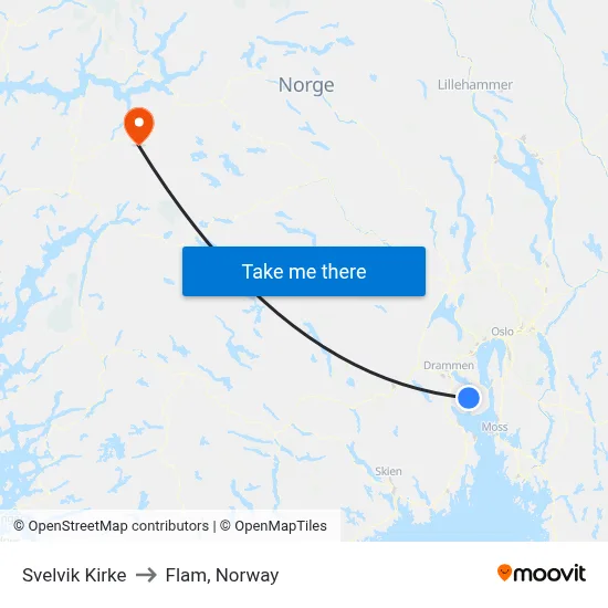 Svelvik Kirke to Flam, Norway map