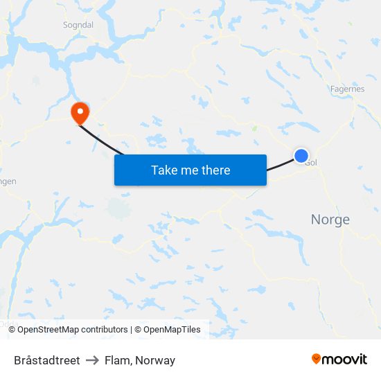 Bråstadtreet to Flam, Norway map