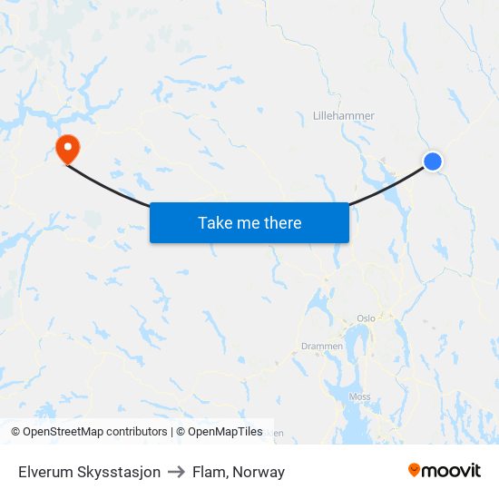 Elverum Skysstasjon to Flam, Norway map