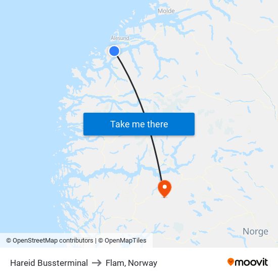 Hareid Bussterminal to Flam, Norway map