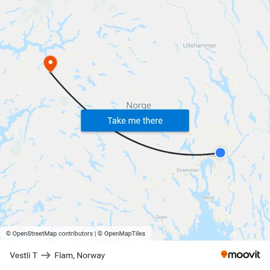 Vestli T to Flam, Norway map