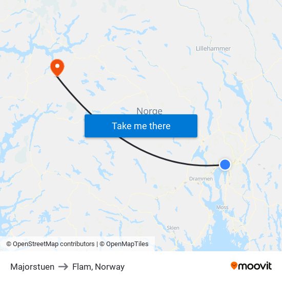 Majorstuen to Flam, Norway map