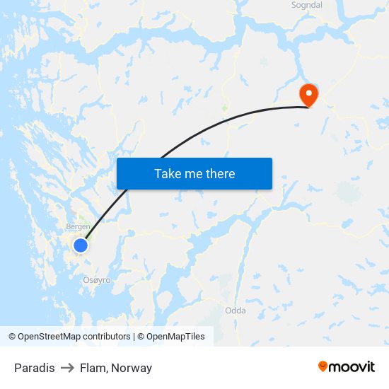 Paradis to Flam, Norway map