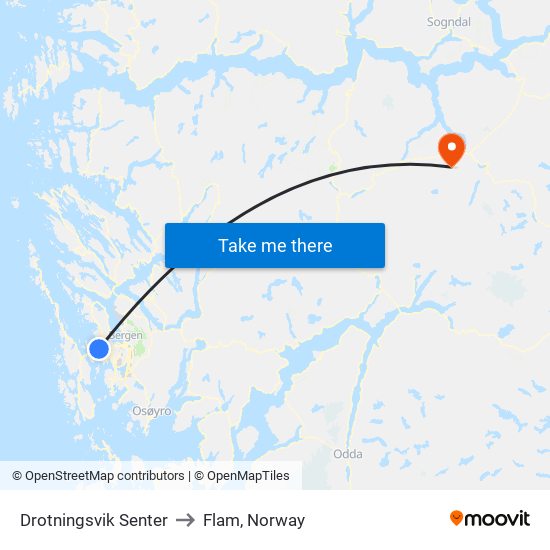 Drotningsvik Senter to Flam, Norway map