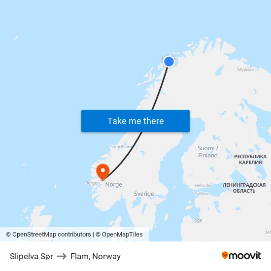 Slipelva Sør to Flam, Norway map