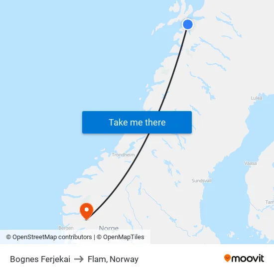 Bognes Ferjekai to Flam, Norway map