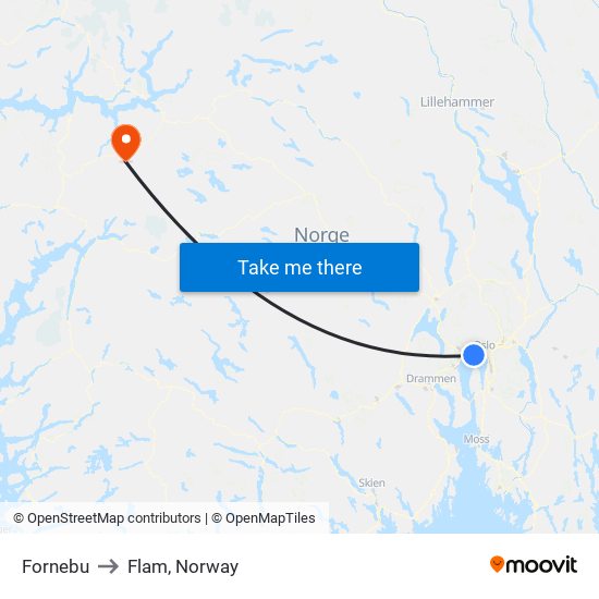 Fornebu to Flam, Norway map