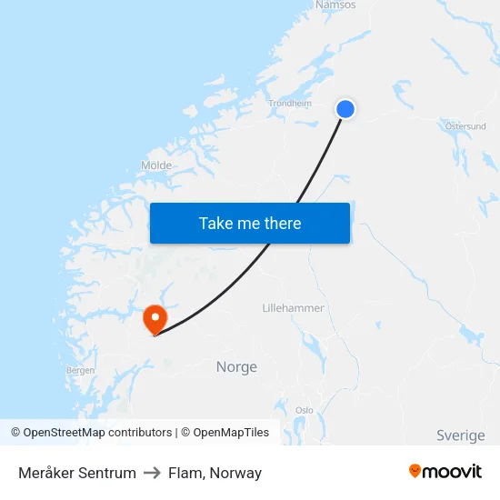 Meråker Sentrum to Flam, Norway map