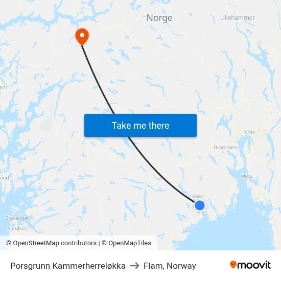 Porsgrunn Kammerherreløkka to Flam, Norway map