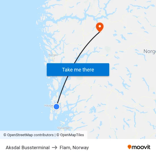 Aksdal Bussterminal to Flam, Norway map
