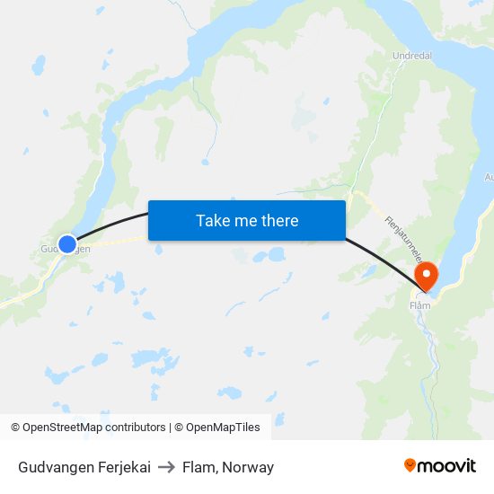 Gudvangen Ferjekai to Flam, Norway map