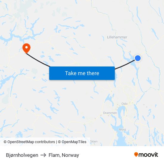 Bjørnholvegen to Flam, Norway map