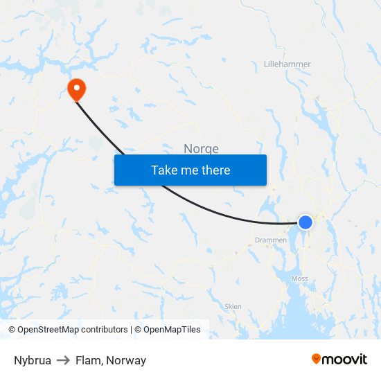 Nybrua to Flam, Norway map